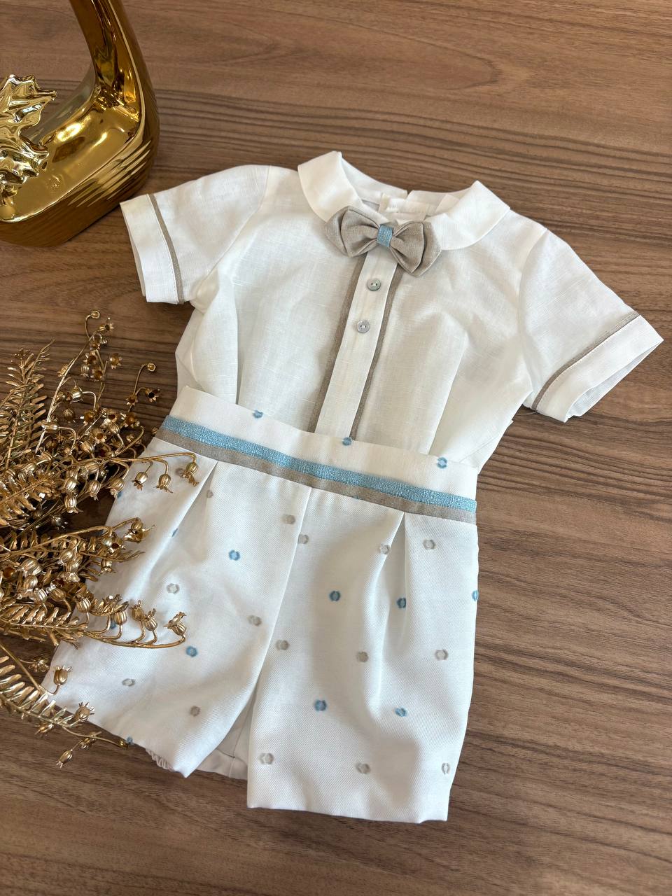 Abito BATTESIMALE POIS CELESTE E BEIGE PONTO POR PONTO