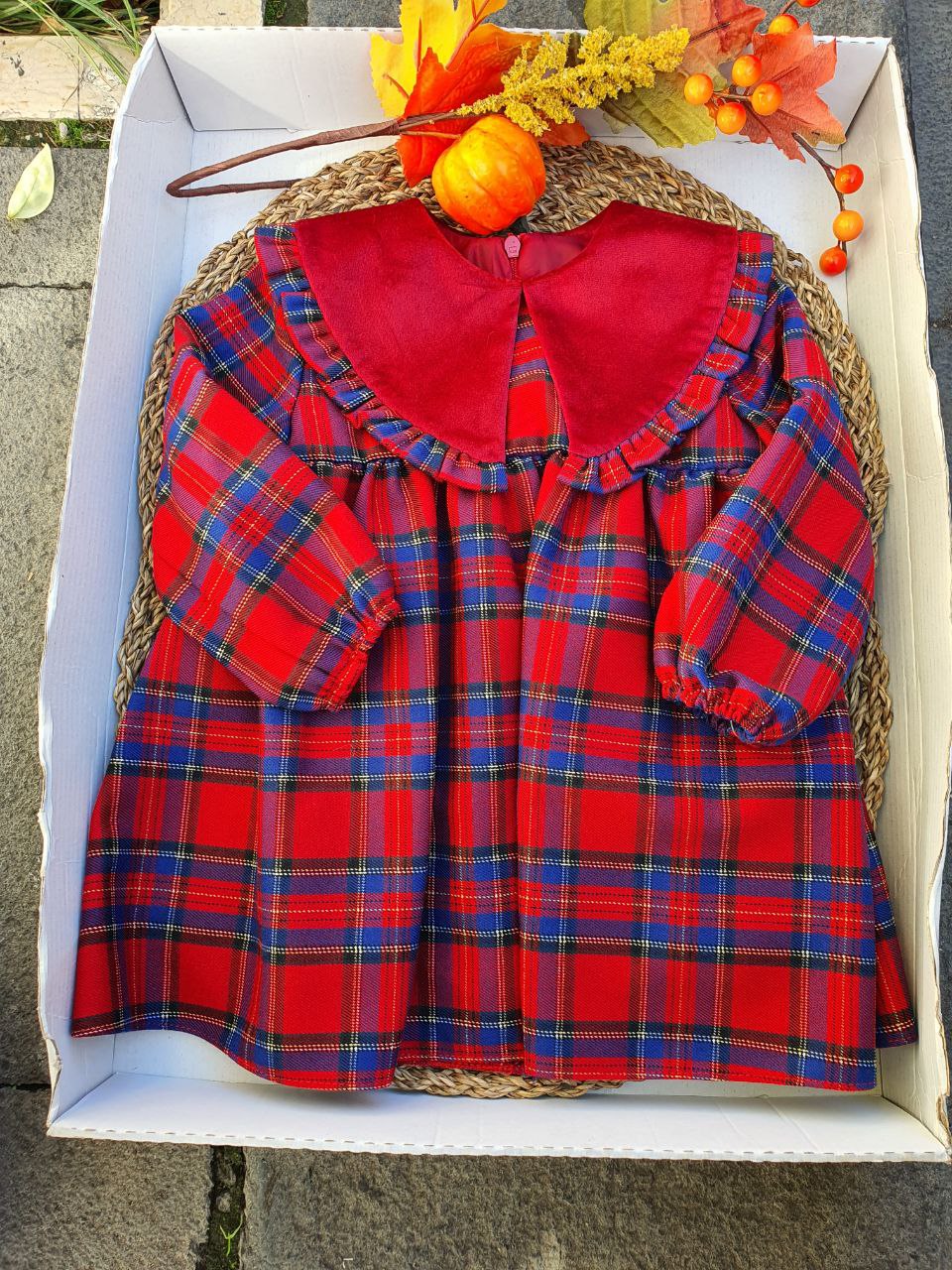 ABITO TARTAN CON COLLO IN VELLUTO DEL SUR