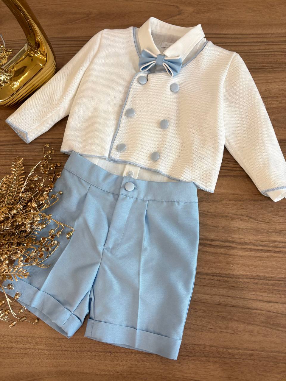 COMPLETO ELEGANTE CON CARDIGAN DOPPIO PETTO BIANCO& AZZURRO BABY A.