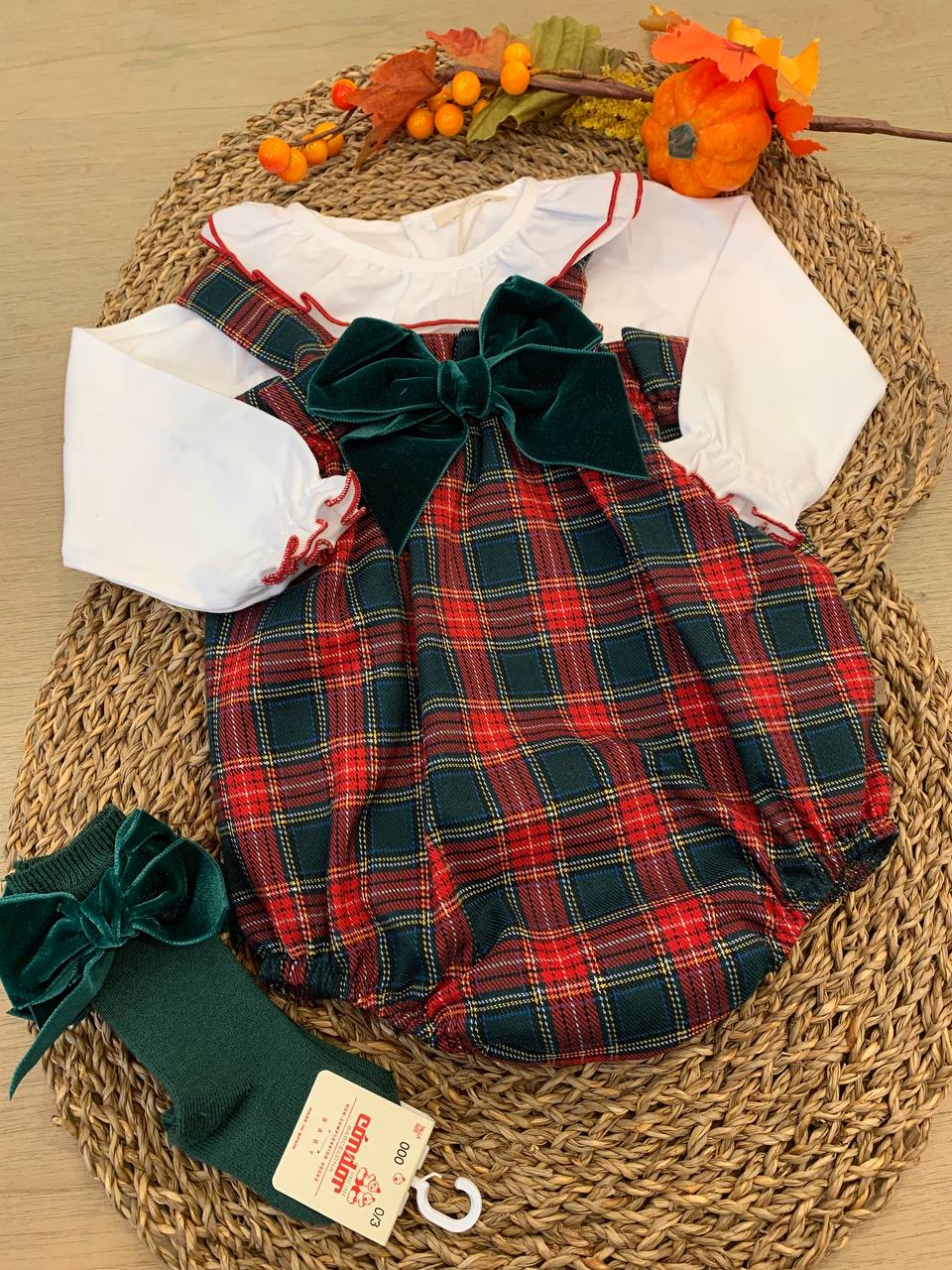 SALOPETTE TARTAN CON FIOCCO IN VELLUTO CALAMARO